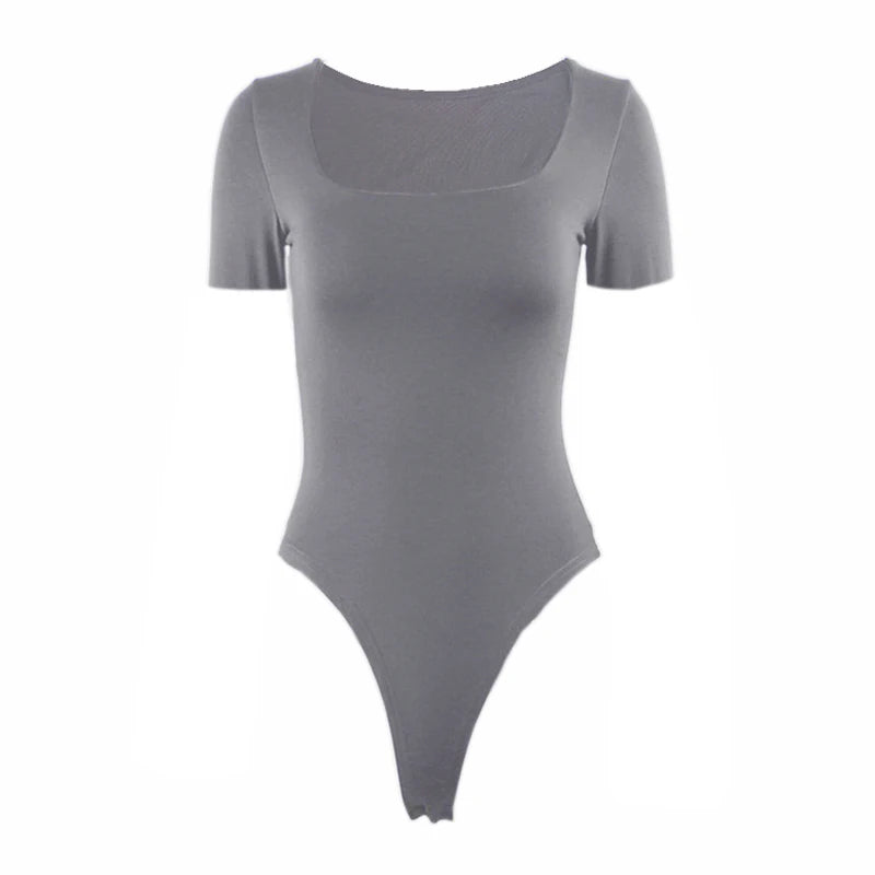 Short Sleeve Bodysuits Summer Square-Cut Collar Solid Bodycon Elastic Romper Sexy Y2k Women Clothing Fashion Club Party 2521
