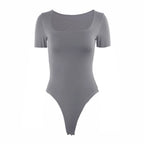 Short Sleeve Bodysuits Summer Square-Cut Collar Solid Bodycon Elastic Romper Sexy Y2k Women Clothing Fashion Club Party 2521