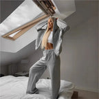 Women's Fashion Street Sports Style Two-Piece Set Casual Solid Color Zipper Cardigan Hooded Sweatshirt Loose Widefoot Pants Set