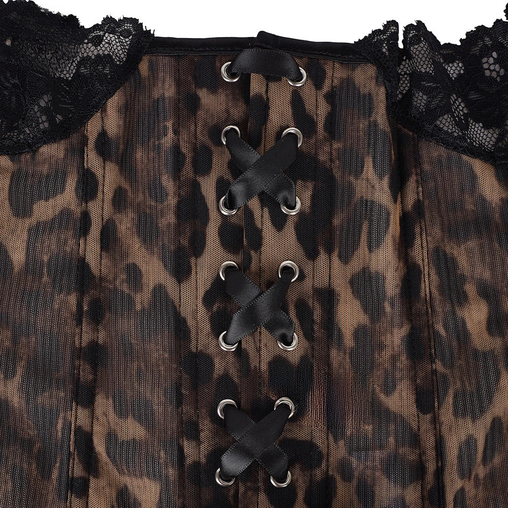 Women Leopard Lace Corset Wild Sexy Animal Print Bustier Sheer Mesh Built-in Boning Metal Busk  Slim Shapewear Party Club Top
