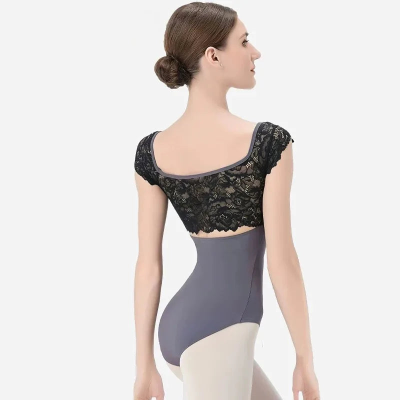 Ballet Leotards For Women Lace Adult Dance Gymnastics Leotard Square collar Back hollow out Dance Wear Short sleeve Bodysuit