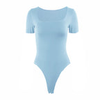 Short Sleeve Bodysuits Summer Square-Cut Collar Solid Bodycon Elastic Romper Sexy Y2k Women Clothing Fashion Club Party 2521