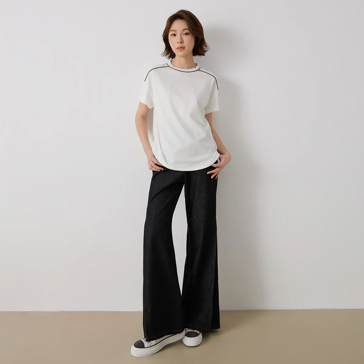 KX7513240 Women's High-Waisted Wide-Leg Pants Mixed Cotton Medium Quality Denim Fabric for Casual Fashionable Clothing