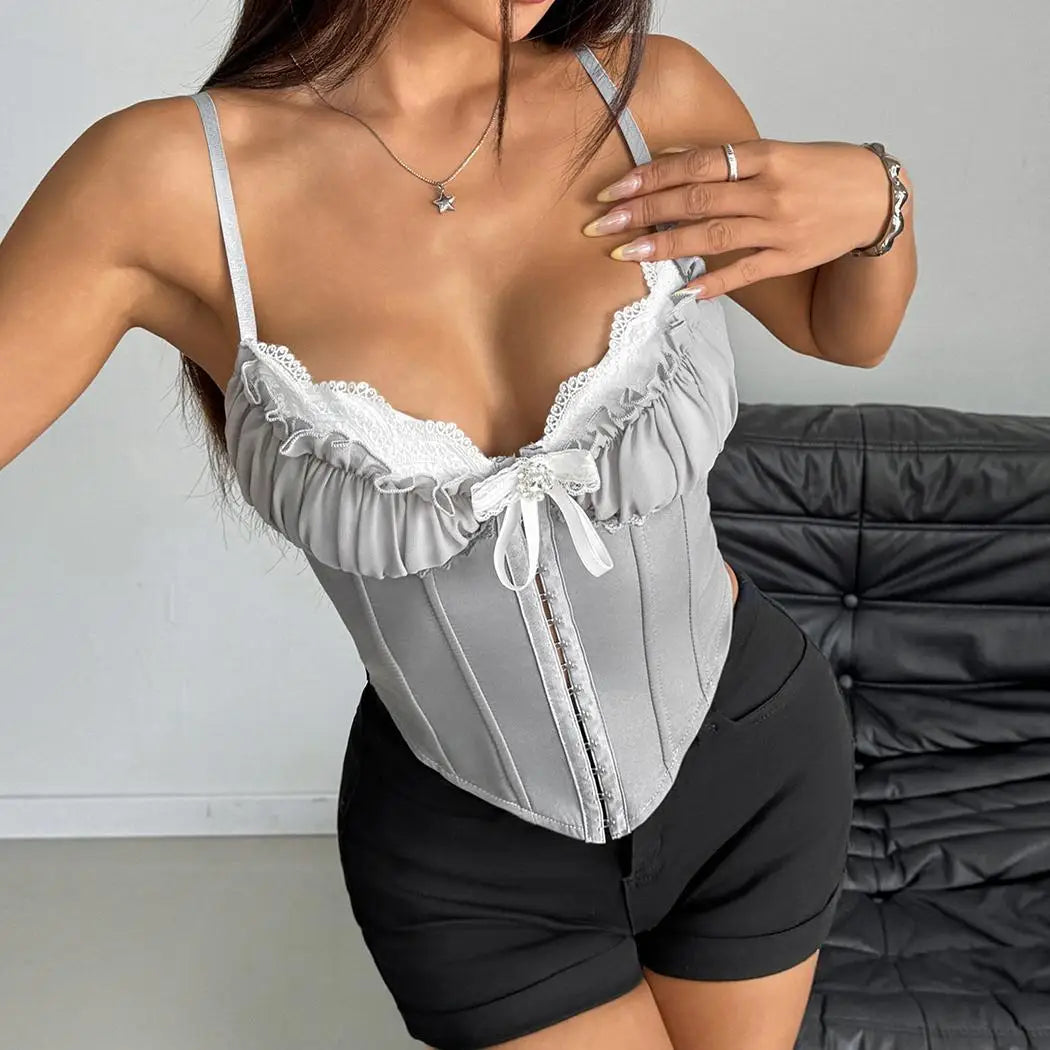 Multi Colors Sexy Perspective Mesh Stitching Lace Bustiers and Corsets with Chest Cushion for Spice Girl Sling Bustier Top