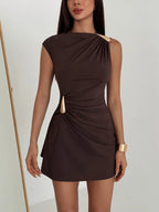 Women's Casual Style Sleeveless Pleated Mini Dress Form-Fitting Knitted Fabric Asymmetric Neck Design
