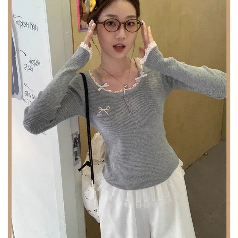 Grey Sweet Gentle Style Long Sleeve Lace Trim Lady Slim Fit Grey Top Korean Style Spring Summer 2026 New Women's T-shirt