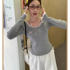Grey Sweet Gentle Style Long Sleeve Lace Trim Lady Slim Fit Grey Top Korean Style Spring Summer 2026 New Women's T-shirt
