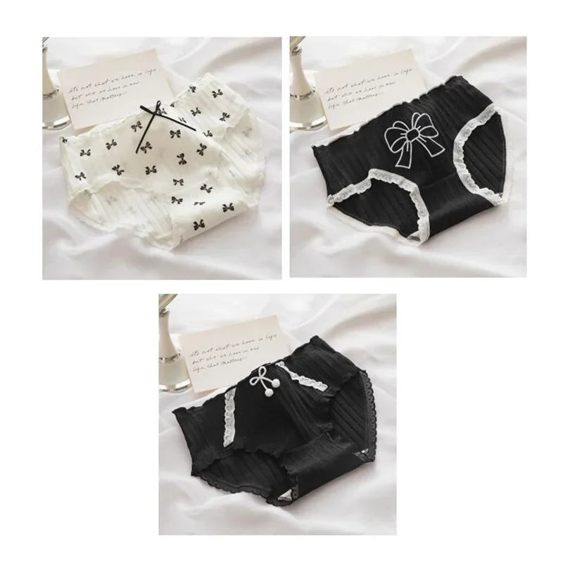 3 Pcs Cute Lolita Lace Trimming Girl Plaid Striped Underwear Summer Sexy Cotton Briefs Langerie Loli Panties