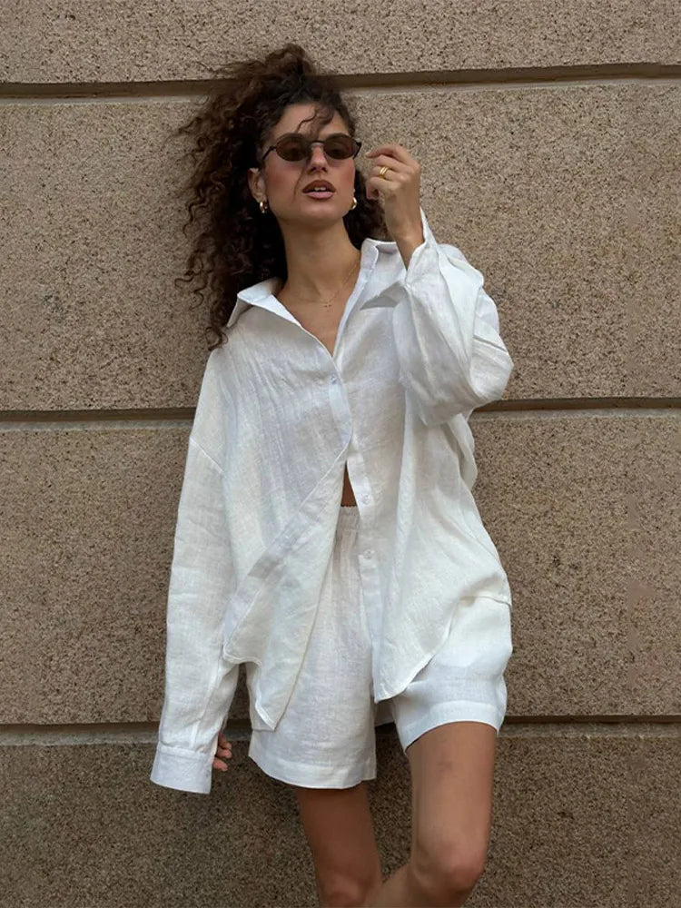 Women's Casual Solid Cotton Linen Pant Sets Chic Laple Single Breasted Long Sleeve Shirt Elasticity Waist Pant New Two Piece Set