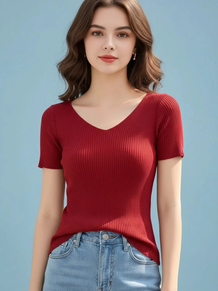 AOSSVIAO 2026 Summer Basic V-neck Solid Thin Women Pullover Female Knitted Ribbed Sweater Slim Short Sleeve Bodycon Sweater