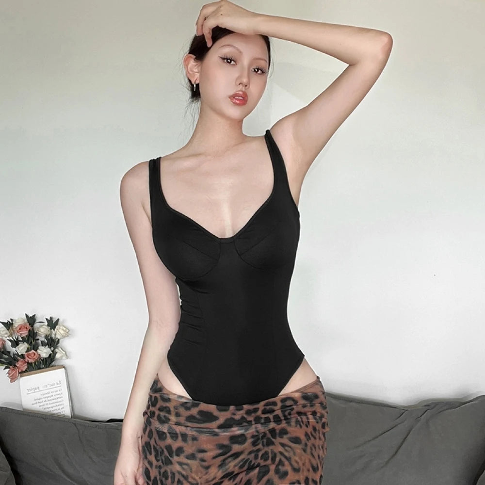 SylCue Sexy Backless Bodysuit Women Low-Neck Off Shoulders Solid Skinny Shaped Waist Street Versatile Wild Style Classic Bodycon