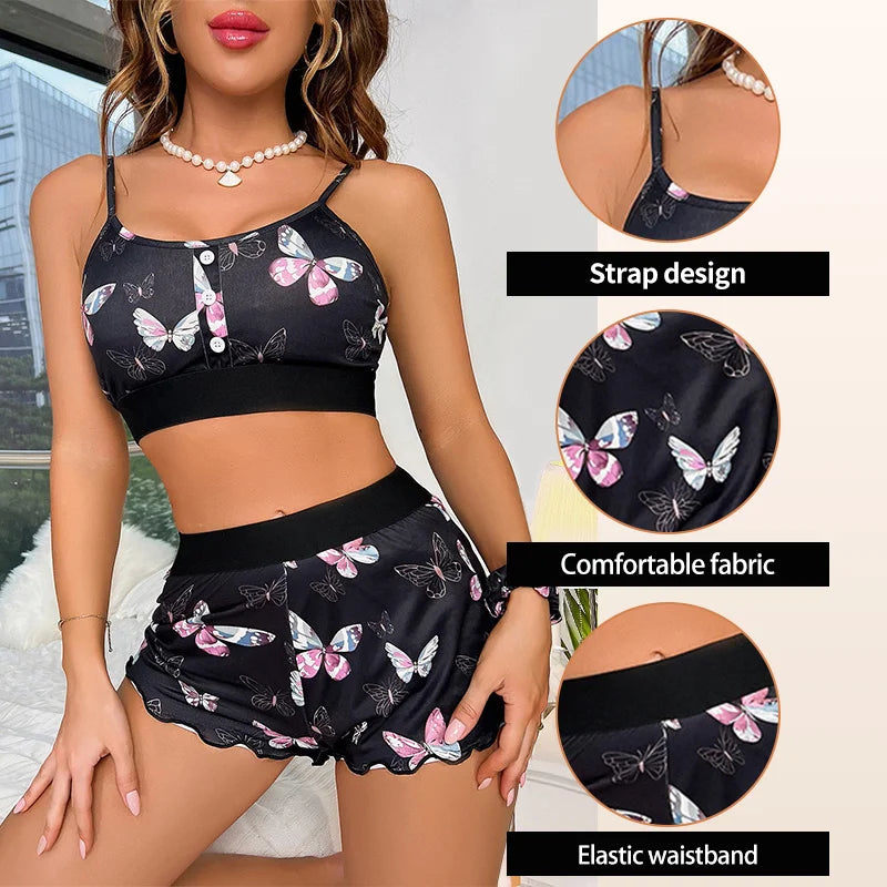 Summer Butterfly Print Sleeveless Pajama Set Sexy Camisole Shorts Homewear for Women Comfortable Elastic Sleepwear Set