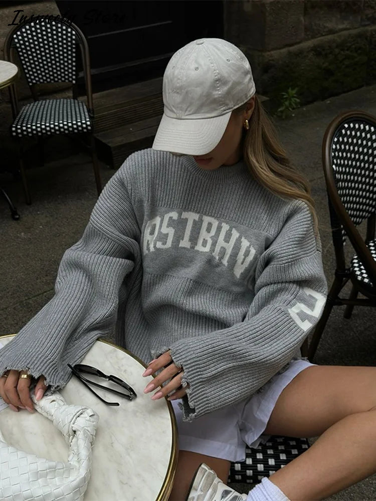 Fashion Letter Jacquard Knit Pullover Women Oversize Long Sleeve O-neck Classic Sweater 2026 Spring New Lady Casual Outerwear