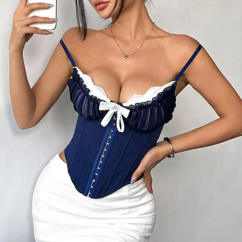 Multi Colors Sexy Perspective Mesh Stitching Lace Bustiers and Corsets with Chest Cushion for Spice Girl Sling Bustier Top