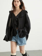 CHIC VEN Women Shirt Loose Casual Ruffled Edges Female Blouses V Neck Lace Up Mid Length Woman Shirts Spring Summer 2026