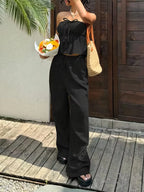 2 piece sets woman outfits，New women's casual two-piece lace up top and pants