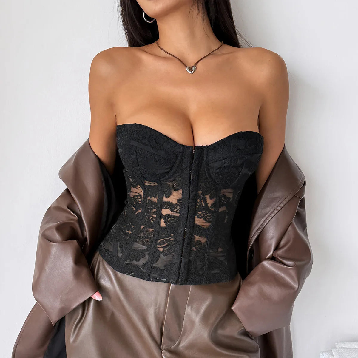 Niche Design Apricot Color Embroidered Fish Bone Strap Backless Lace Design Ladies Tube Top Corsets for Women