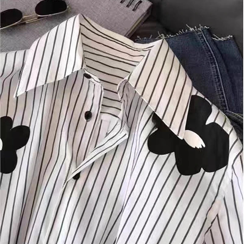 Turn-down Neck Flower Stripe Long Sleeved Loose Shirt And Blouse New In Clothing Top Casual Single Breasted Office Lady White