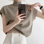 Fashion Vest Shirt Solid Stand-up Collar Knitted Women's Sweater Short Sleeve Office Lady Blouse Elegant All-Match Straight Tops