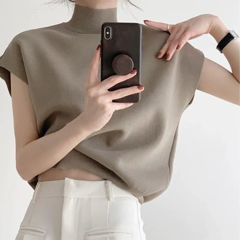 Fashion Vest Shirt Solid Stand-up Collar Knitted Women's Sweater Short Sleeve Office Lady Blouse Elegant All-Match Straight Tops