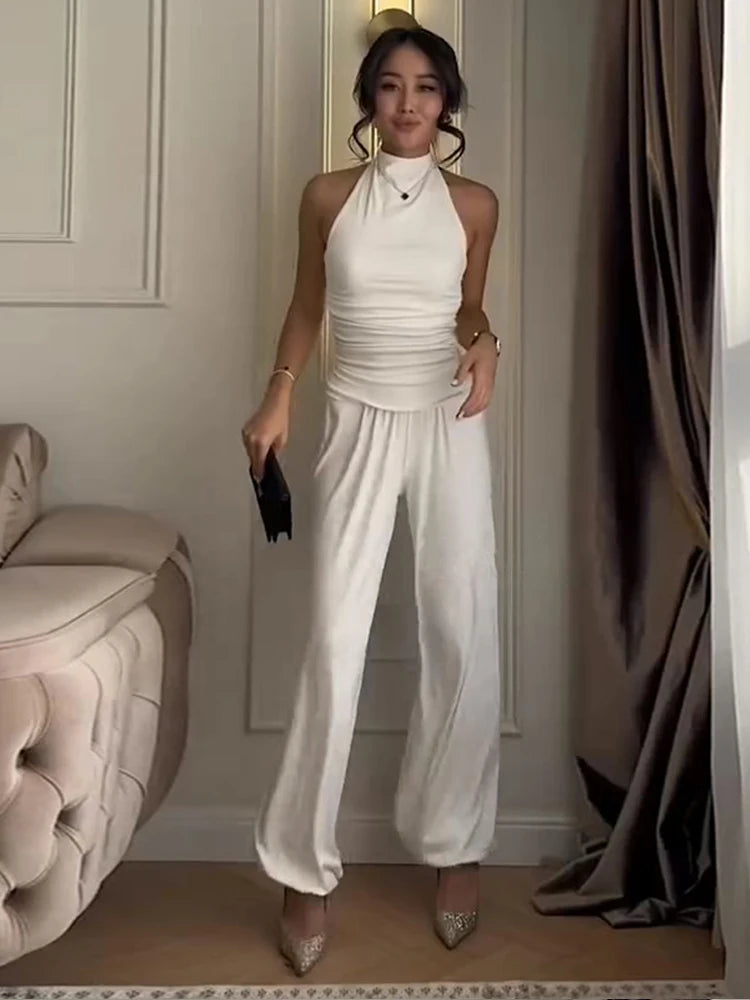 Halter Backless Two-Piece Set Fitted Bodice High Waist Wide Leg Pants 2026 Spring Fashion Elegant Office Casual Women Outfit