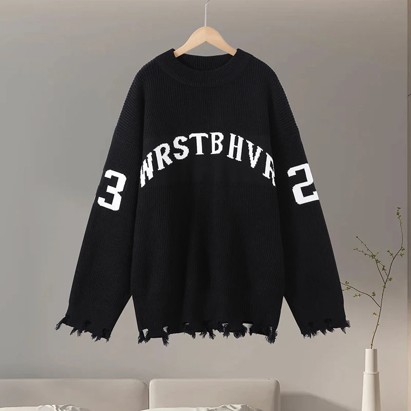 Fashion Letter Jacquard Knit Pullover Women Oversize Long Sleeve O-neck Classic Sweater 2026 Spring New Lady Casual Outerwear