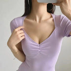 Summer Short Sleeve Square Collar Folds Bodysuits Women Elastic Slim Top Jumpsuits