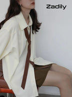 Korean Style Minimalist Oversized Blouse Women Long Sleeve Button Down Shirt with Detachable Tie for Office Casual Wear