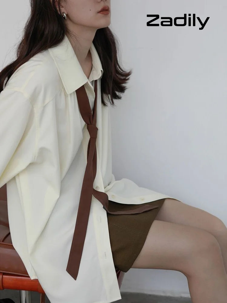 Korean Style Minimalist Oversized Blouse Women Long Sleeve Button Down Shirt with Detachable Tie for Office Casual Wear