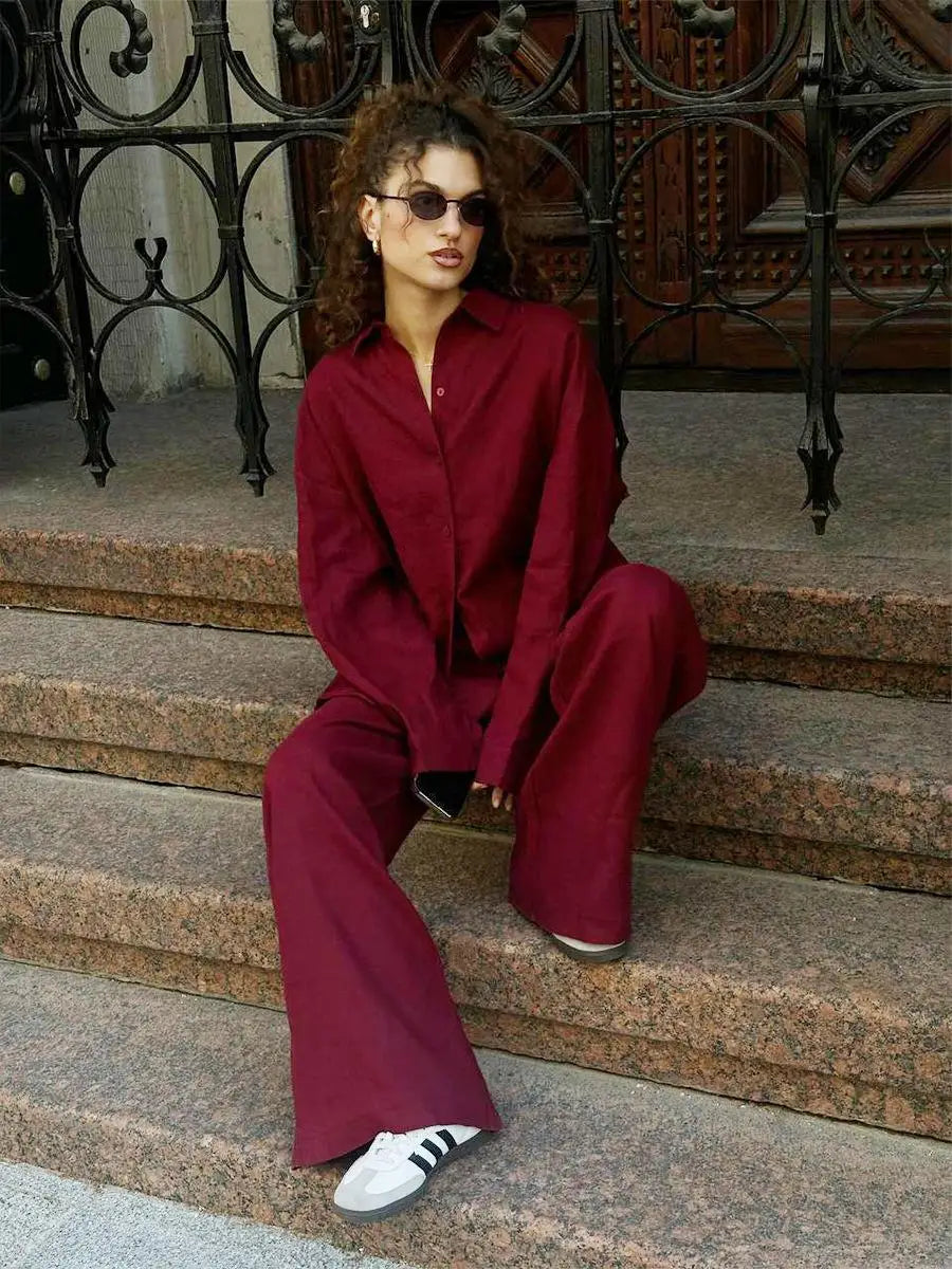 Women's Casual Solid Cotton Linen Pant Sets Chic Laple Single Breasted Long Sleeve Shirt Elasticity Waist Pant New Two Piece Set