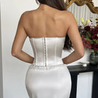 French Style Satin Strapless Vest Tank Top Women Sexy White Lace Trim Fishbone Corset Sleeveless Chic Backless Club Wedding Tops