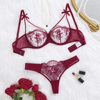 Women's Sexy Push Up Lingerie Set Sheer Floral Embroidery Support Bra Thong Anti Sagging Underwire Chest Cleavage Enhancement