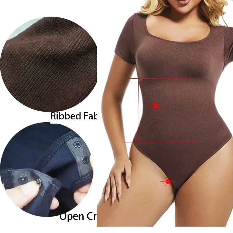 Dimmkof Bodysuits Sexy Ribbed One Piece Square Neck Short Sleeve Bodysuits Tummy Control Open Crotch Bodysuit Shapewear Suit