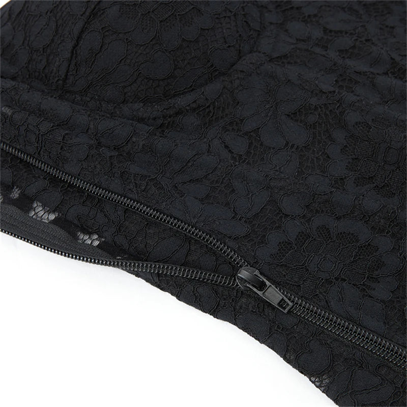 Women Lace Floral Corset Top Sexy Black Mesh Transparent Bra Side Zip Bustier Vest Gothic Spaghetti Strap Embroidery Party Camis