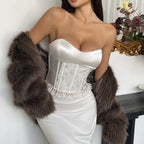 French Style Satin Strapless Vest Tank Top Women Sexy White Lace Trim Fishbone Corset Sleeveless Chic Backless Club Wedding Tops