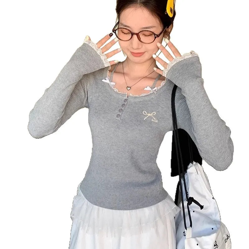 Grey Sweet Gentle Style Long Sleeve Lace Trim Lady Slim Fit Grey Top Korean Style Spring Summer 2026 New Women's T-shirt