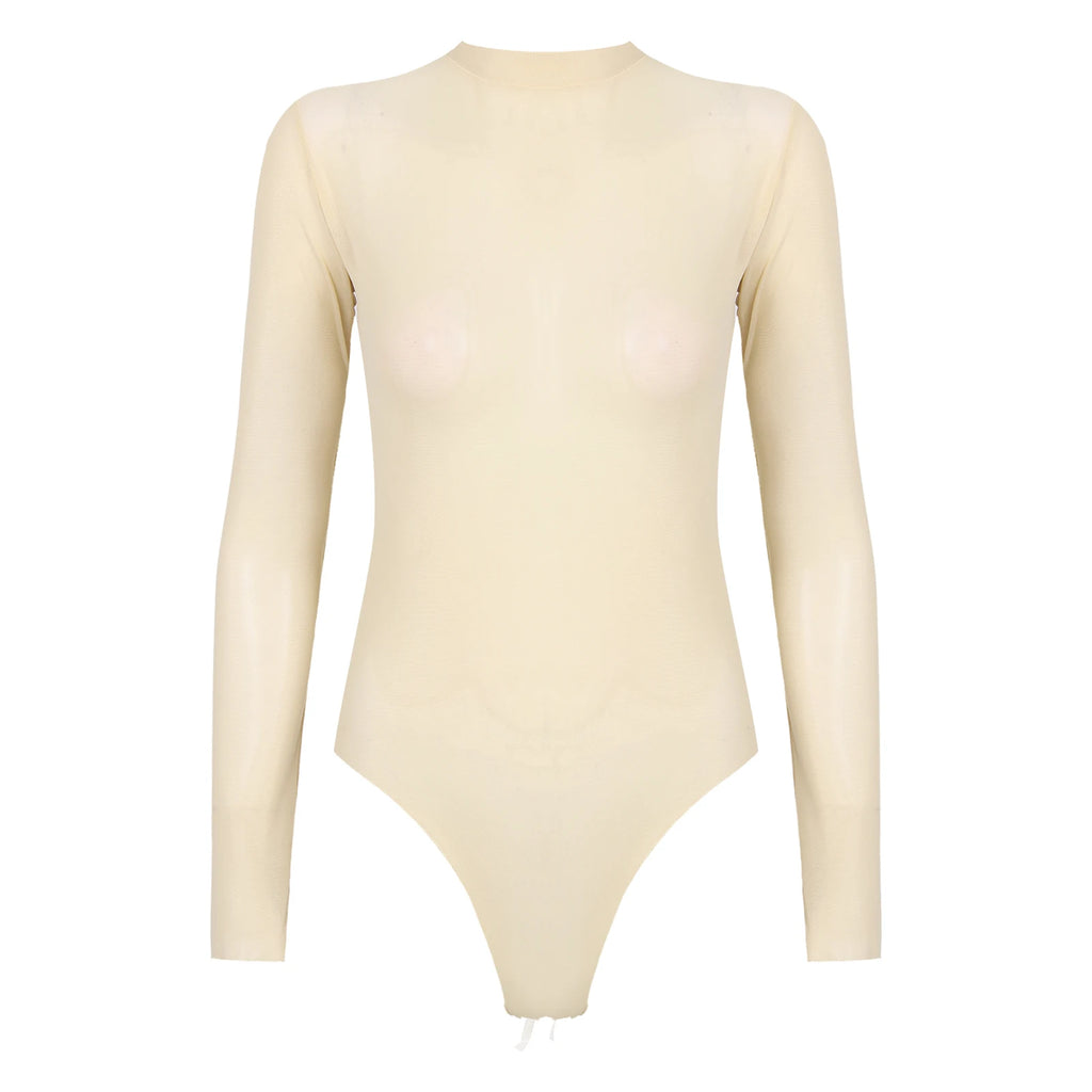 Womens Girls Fashion See-through Long Sleeve Bodysuit Lingerie Nightwear Crew Neck High Cut Leotard for Dating Nightclub Teddies