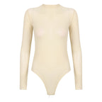 Womens Girls Fashion See-through Long Sleeve Bodysuit Lingerie Nightwear Crew Neck High Cut Leotard for Dating Nightclub Teddies