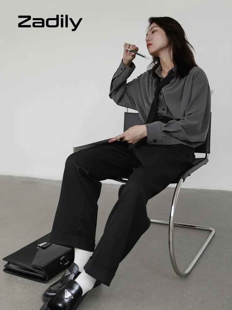 Korean Style Minimalist Oversized Blouse Women Long Sleeve Button Down Shirt with Detachable Tie for Office Casual Wear