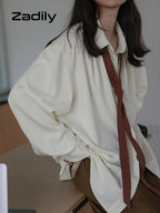 Korean Style Minimalist Oversized Blouse Women Long Sleeve Button Down Shirt with Detachable Tie for Office Casual Wear