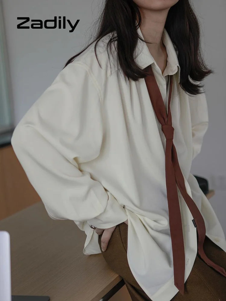 Korean Style Minimalist Oversized Blouse Women Long Sleeve Button Down Shirt with Detachable Tie for Office Casual Wear
