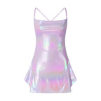 Combhasaki Women's Shiny Sequins Glitter Spaghetti Strap Solid Color Sleeveless Backless Evening Party Dress Nightclub Beachwear
