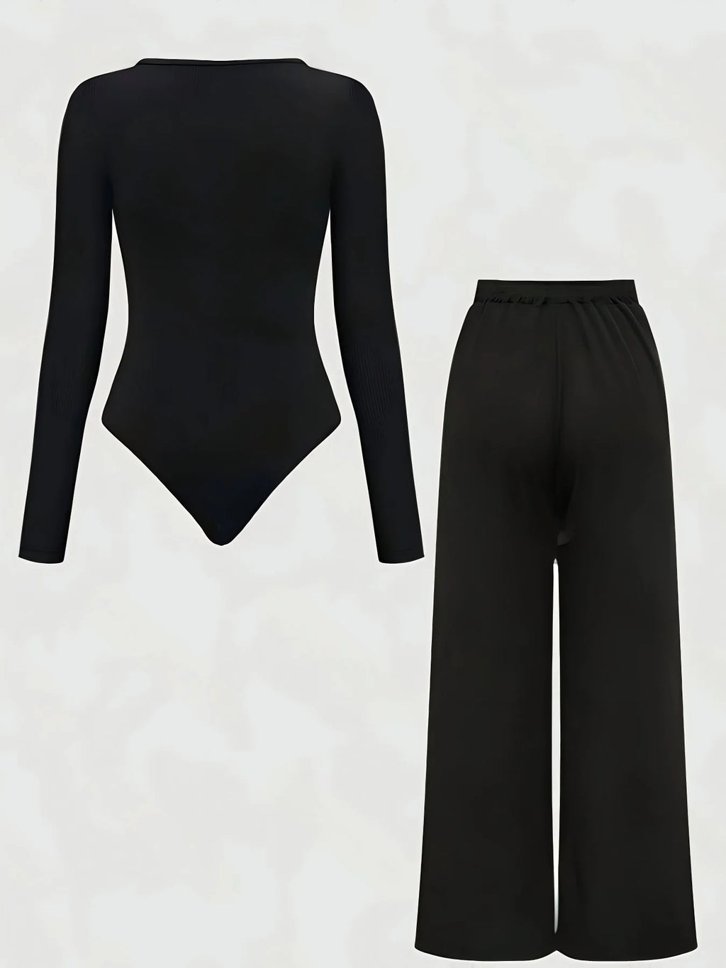 Plus Size Women's Black Ribbed Long Sleeve Bodysuit + Wide Leg Pants 2-Piece Set (0XL-4XL)