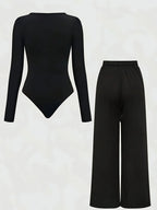 Plus Size Women's Black Ribbed Long Sleeve Bodysuit + Wide Leg Pants 2-Piece Set (0XL-4XL)