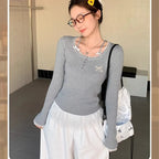 Grey Sweet Gentle Style Long Sleeve Lace Trim Lady Slim Fit Grey Top Korean Style Spring Summer 2026 New Women's T-shirt