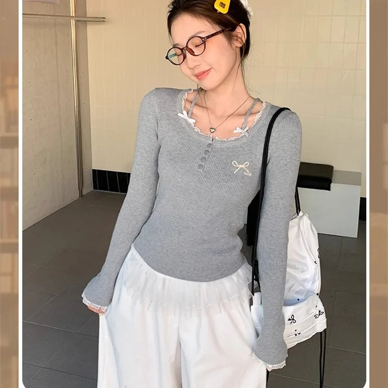 Grey Sweet Gentle Style Long Sleeve Lace Trim Lady Slim Fit Grey Top Korean Style Spring Summer 2026 New Women's T-shirt