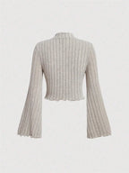 Women Flare Long Sleeve Mock Neck Rib-knit Crop Top Cropped Blouse Spring Fall 2024 Casual Slim Fit T-shirt Tees Y2K Clothes