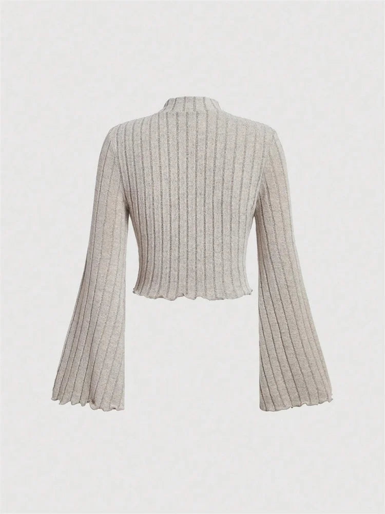 Women Flare Long Sleeve Mock Neck Rib-knit Crop Top Cropped Blouse Spring Fall 2024 Casual Slim Fit T-shirt Tees Y2K Clothes
