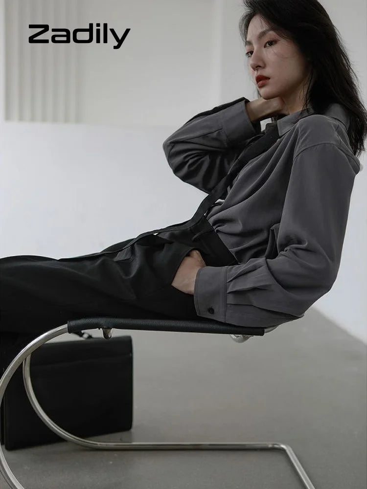 Korean Style Minimalist Oversized Blouse Women Long Sleeve Button Down Shirt with Detachable Tie for Office Casual Wear