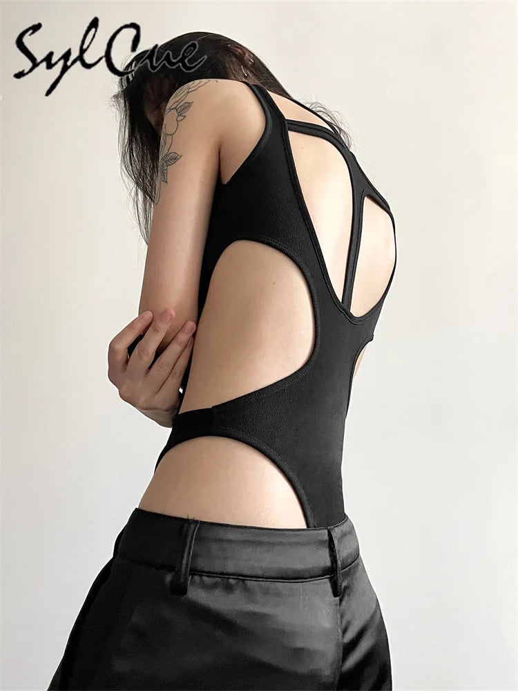 Sylcue Black Mysterious Sexy Hot Nightclub Hollow All-Match Cool Trendy Personality Mature Beautiful Open Women's Tight Jumpsuit